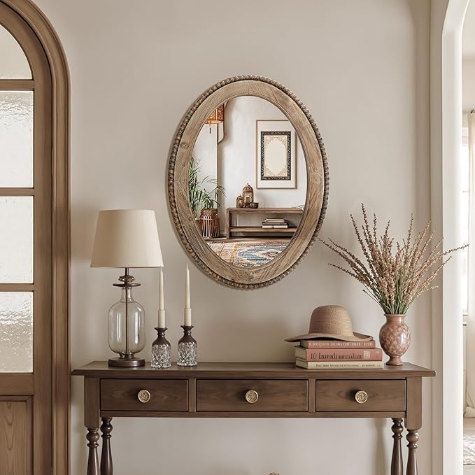LuxenHome Traditional Oval Wall Mirror, 32-Inch Wood Framed Accent Wall Mirrors, Farmhouse Decorative Wooden Mirror Accent Entryway Wall Mirror, Wall Mounted Mirror Living Room Wall Decor