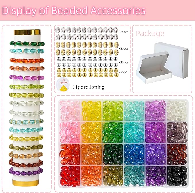 REVKI 8 * 10mm Glass Beads Bracelet Making Kit,500pcs 24 Colors Rice Shaped Natural Bamboo Crystal Beads for Jewelry Making,Teardrop Glass Beads for DIY Necklace Crafts