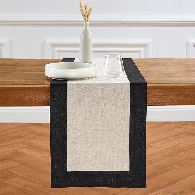 Solino Home Linen Table Runner 60 Inches - 100% Pure Linen Black and Natural Short Table Runner 14 x 60 Inch Ideal for Dresser and Coffee Tables - Contempo - Winter