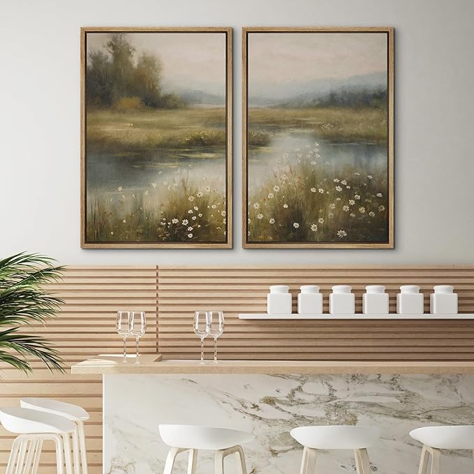 SIGNWIN Framed Canvas Print Wall Art Set Serene Marshland Landscape Rustic Illustration Modern Art Minimalism Decorative for Living Room, Bedroom, Office - 16"x24"x2 Natural