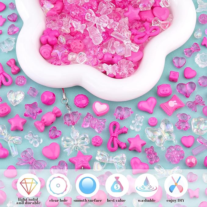 200-260PCS TINKRSTUFF Assorted Acrylic Beads Rose Pink Cute Beads for Bracelet Making,Bow Flower Butterfly GummyBear Kawaii Charms, Aesthetic Bead for Necklace Keychain Jewelry Making DIY Phone Charm