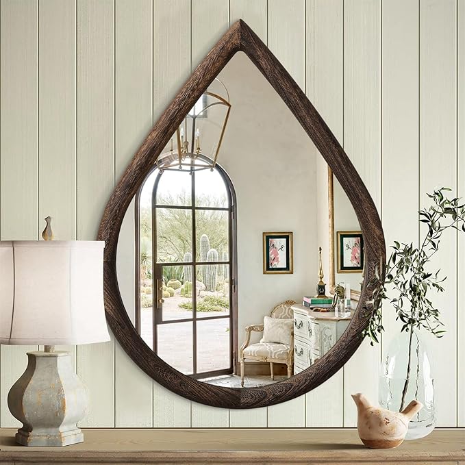 Teardrop Mirror Wall Decor Large Wall Mounted Mirrors with Wood Frame Vintage Wall Art Mirror Rustic Farmhouse Decorative Mirrors for Bathroom Entryway Living Room