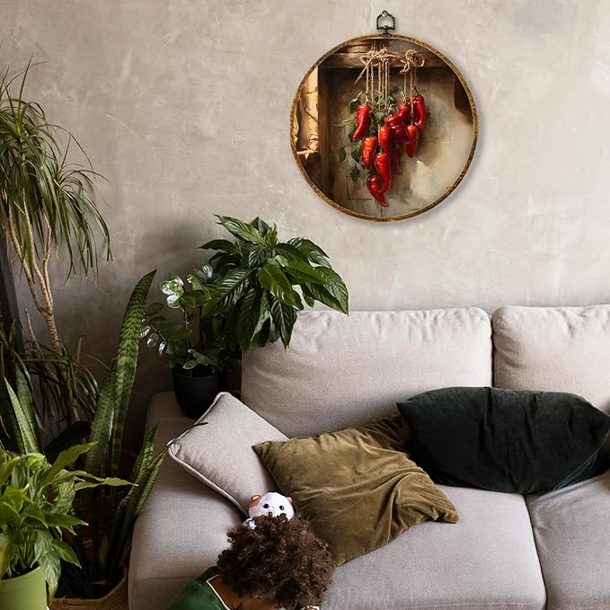 Hiuwevt Vintage Kitchen Round Wall Art Decor, Farmhouse Country Chili Framed Canvas Prints, Retro Rustic Chilis Round Wall Hanging Decor for Kitchen Dining Room Decorations, 10x10 Inches