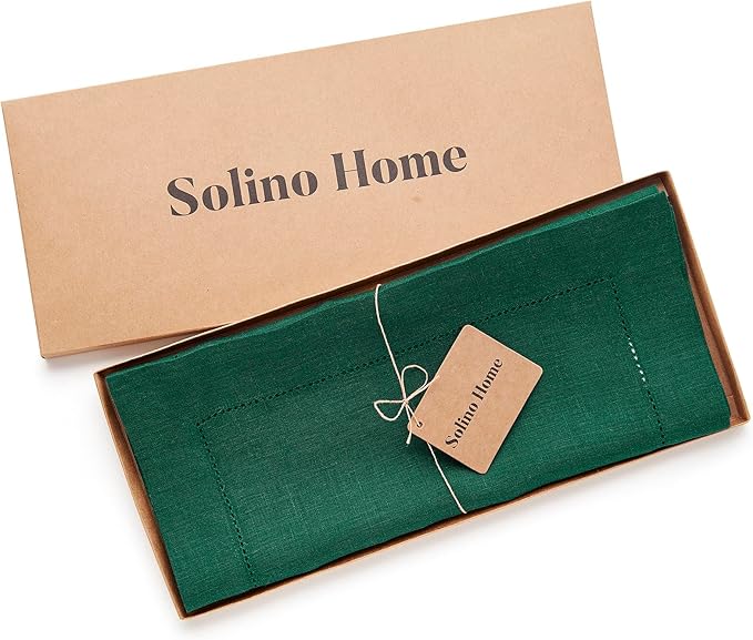 Solino Home Linen Table Runner 108 Inches Long - 100% Pure Linen Rainforest Green Table Runner 14 x 108 Inch for St Patricks Day - Classic Hemstitch