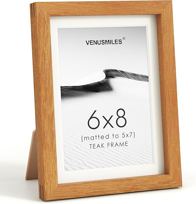 6x8 Picture Frame, USA-Sourced Natural Teak Wood Photo Collage Frame with HD Tempered Glass, Modern Simple 6 x 8 Wooden Frame Matted to 5x7, Gallery Wall Frames for Art, Wall or Tabletop Display