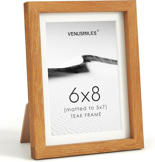 6x8 Picture Frame, USA-Sourced Natural Teak Wood Photo Collage Frame with HD Tempered Glass, Modern Simple 6 x 8 Wooden Frame Matted to 5x7, Gallery Wall Frames for Art, Wall or Tabletop Display