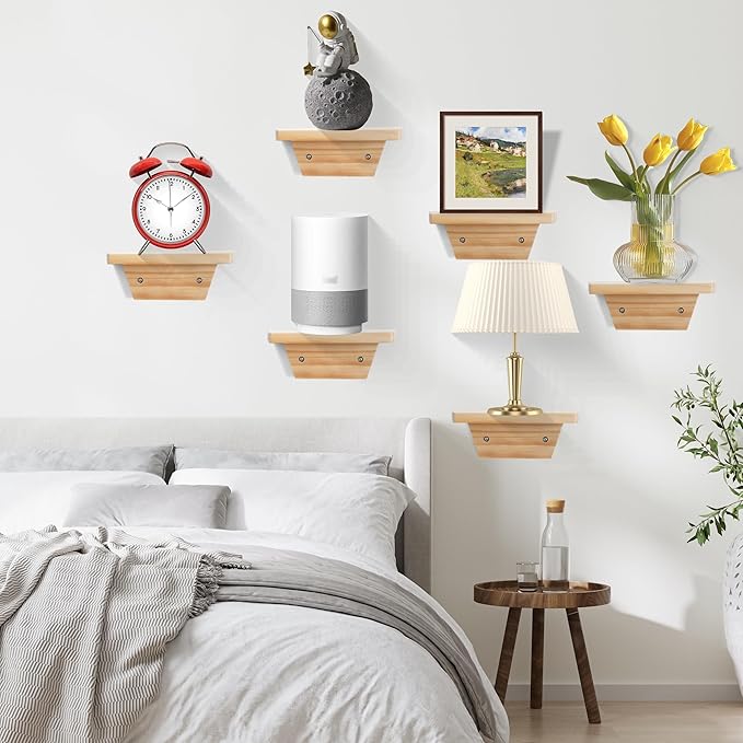PHOENANCEE Small Floating Shelves,Trapezoid Wall Shelf for Speaker Table Lamp Plants Display,Decorative Wood Ledges Chic for Living Room,Bedroom,Kitchen,Office,Pine,8x6 Inch,2 Pack（Natural Wood）