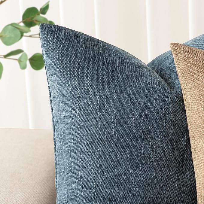 Foindtower Pack of 2 Soft Textured Chenille Throw Decorative Pillow Covers Square Accent Solid Cushion Cover Cozy Neutral Farmhouse Pillow Case for Couch Sofa Bedroom Living Room 18x18 Inch,Blue