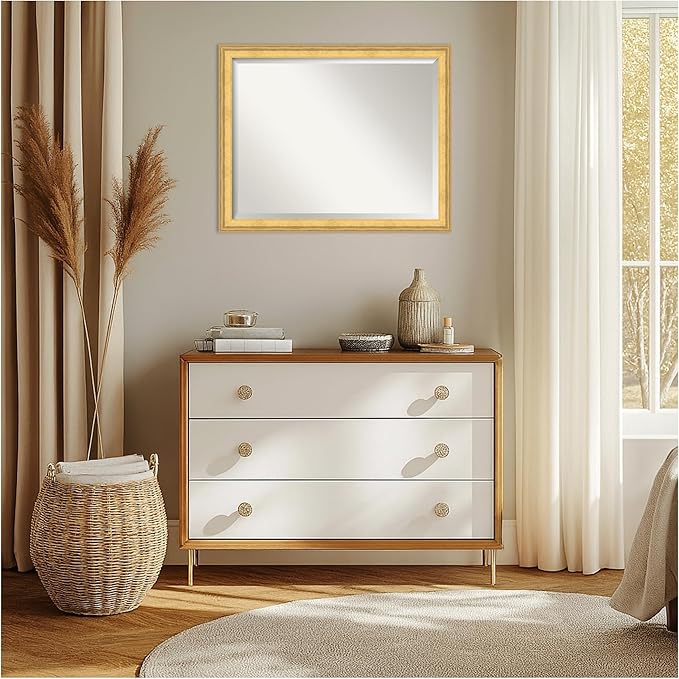 Amanti Art Gold Wall Mirror 25x31 Owen Gold Rectangle Bathroom Mirror for Wall Decor Living Room, Large Traditional Wood Frame, Hangs Horizonally and Vertically, Bathroom Decor, Beveled Edge