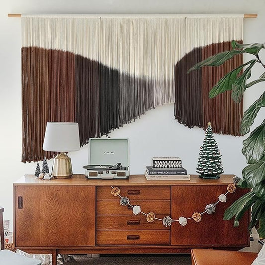 Jakalin Large Macrame Wall Hanging Handmade Geometric Dip Dyed Brown Boho Fiber Wall Decor for Living Room Fiber Yarn Wall Art