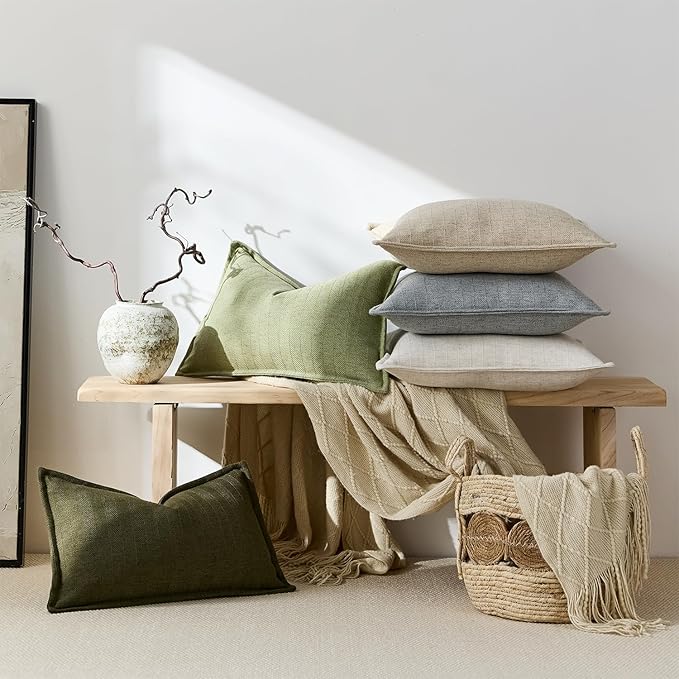 16x16 Linen Pillow Covers Beige Pack of 2 Farmhouse Boho Neutral Accents Striped Textured Square Decorative Throw Pillow Cases for Living Room Couch Bed Home Decor
