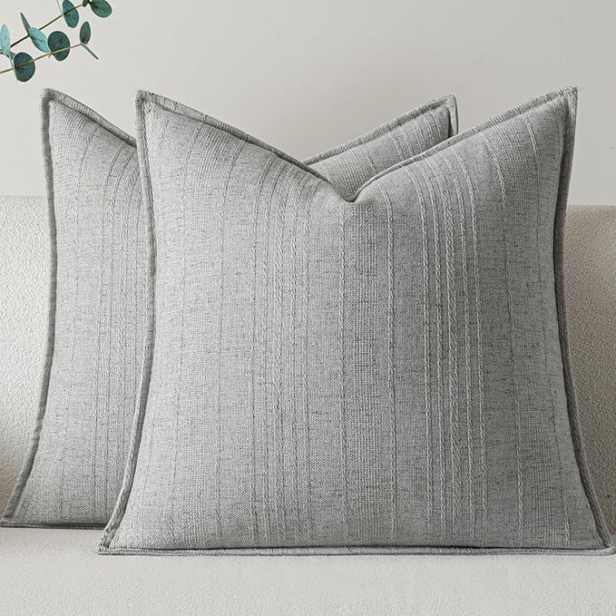 a moment Linen Pillow Covers Set of 2,Boho Farmhouse Throw Pillowcases Neutral Textured Decorative Covers for Couch Sofa Bed, Soft Linen Blend Accent Case Cushion Home Decor 18"x18"Light Grey