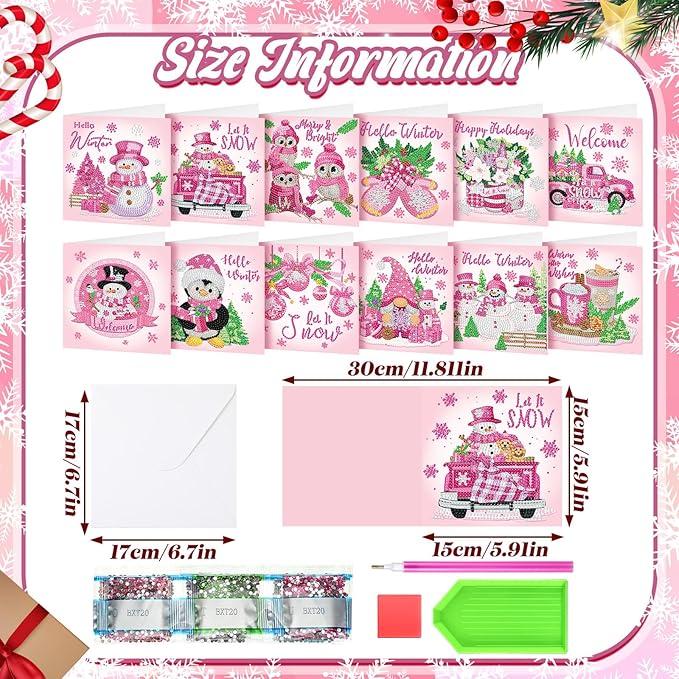 Saillong 12 Pack Pink Christmas Diamond Painting Greeting Card Kits Winter Diamond Art Cards with Envelopes Snowman 5D Rhinestones Painting Making Kits for Adults DIY Craft Family Friend Holiday Gifts