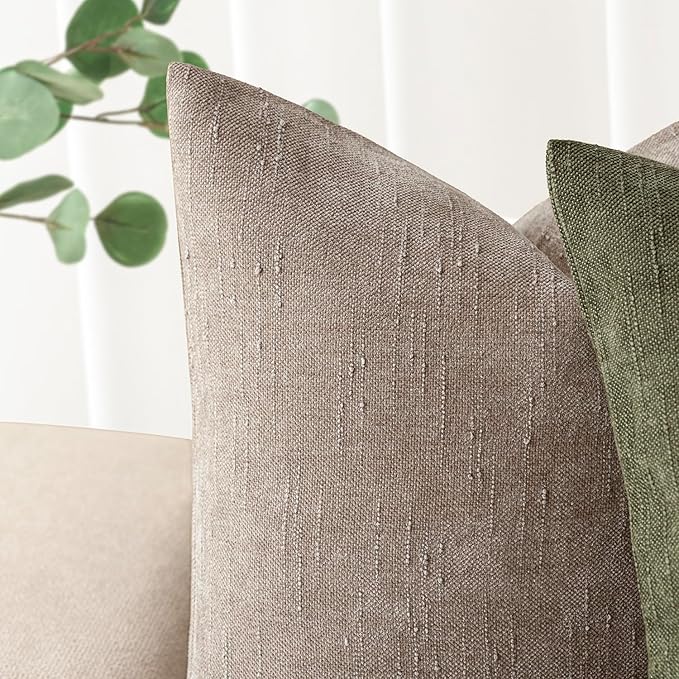 Foindtower Set of 2 Soft Textured Chenille Throw Decorative Pillow Covers Square Accent Solid Cushion Cover Cozy Neutral Farmhouse Pillow Case for Couch Sofa Bedroom Living Room 24x24 Inch,Light Taupe