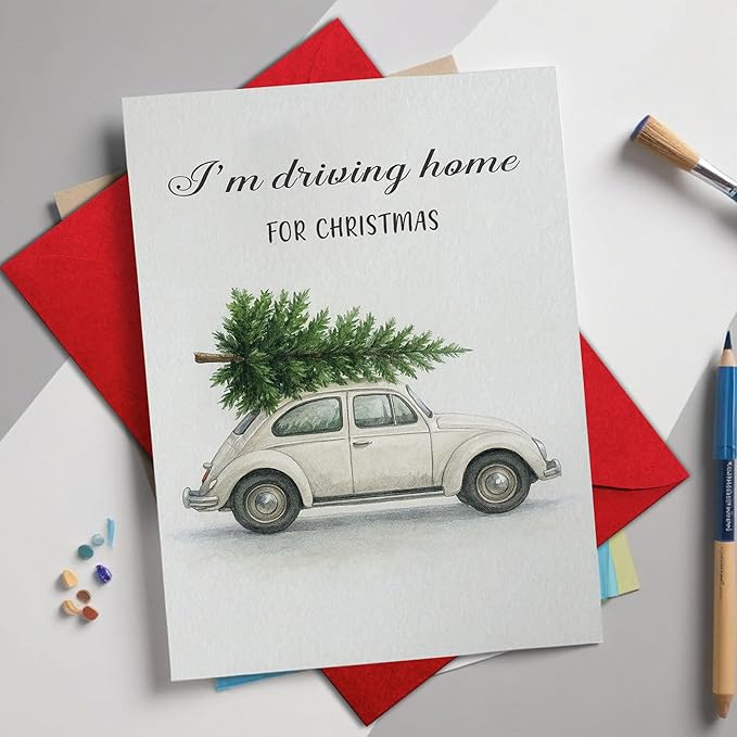 (5.3x8in) I’m Driving Home for Christmas Card with Envelope, Vintage Watercolor Car with Tree Design, Classic Holiday Greeting Card for Family, Friends, Couples, and Loved Ones (Xmas 29)