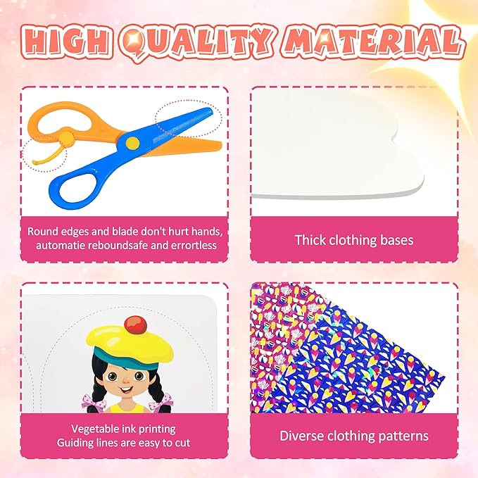 Dress-Up Cutting and Pasting Set, Paper Make Doll Clothes Craft Kit, 24 PCS Pretend Play Game for Girls, Outfit and Accessory Pieces, Mess-Free Travel Toys for Kids Ages 4-8