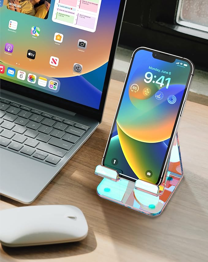 TOPGO Acrylic Phone Stand, Clear Phone Holder for Office Desk, Vanity, Kitchen Counter, Bedside Table, Compatible with iPhone 17 16 15 14 13 12 Pro Max Plus/Smartphones/iPad/Switch - Iridescent Color