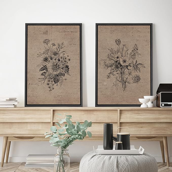 SIGNWIN Framed Canvas Print Wall Art Set Antique Floral Bouquets Vintage Engraved Flowers Modern Minimalism Decorative Nordic for Living Room, Bedroom, Office - 24"x36"x2 Black