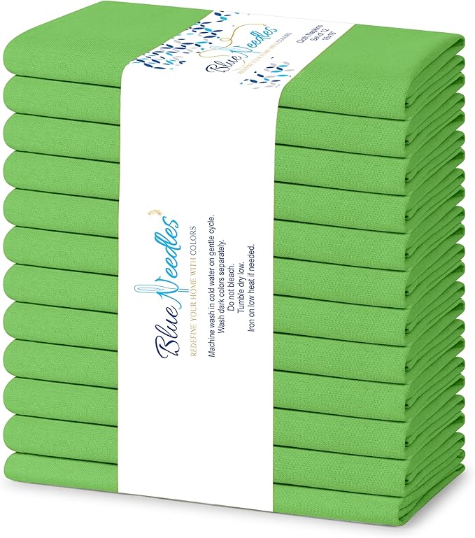 Blue Needles Solid Cloth Napkins Set of 12 Apple Green 100% Cotton Dinner Napkins 18x18 inches, Soft, Reusable, Absorbent, Washable Linen, Ideal for Christmas Events, Parties & Everyday Use