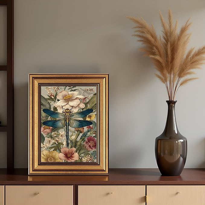 okudolit Gold Framed Dragonfly Canvas Wall Art Print Blue Insect Botanical Floral Painting Vintage Flower Picture Artwork Rustic Retro Nature Decor for Living Room Bedroom Office Home Decor 8x10in