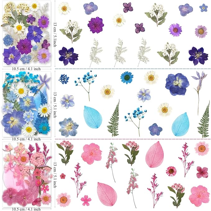 52Pcs Dried Pressed Flowers for Resin, Real Natural Bulk Assorted Dry Leaves Floral for DIY Art Crafts, Epoxy Molds, Jewelry, Soap, Candle Making, Nails Decors