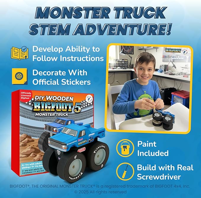 DIY Bigfoot 5 Monster Truck Wooden Kit w/Stickers & Paint (Large 5 1/4")- Officially Licensed Kids Building & Painting Kit - Wooden Painting & Building Kits for Kids - Ages 5-8 Years Stem & Paint Toys