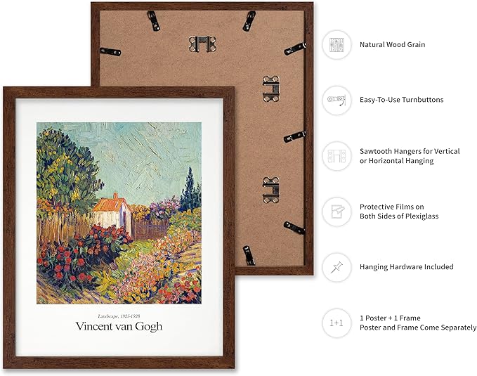 Monem Art Vintage Van Gogh Poster - Retro Impressionist Print - Flower Garden, Cottage, Sky, Colorful, Landscape - Gift for Artist, Friend - Wall Decor for Home, Office, 16x20 Brown Framed