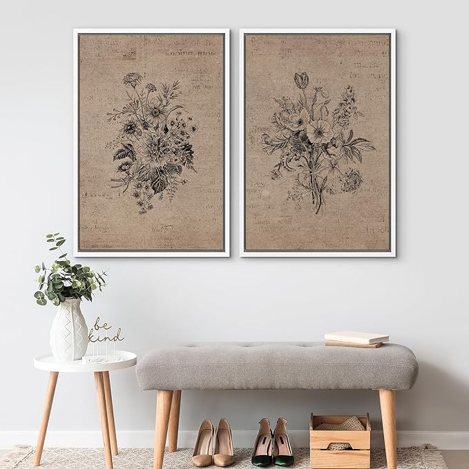 SIGNWIN Framed Canvas Print Wall Art Set Antique Floral Bouquets Vintage Engraved Flowers Modern Minimalism Decorative Nordic for Living Room, Bedroom, Office - 24"x36"x2 White