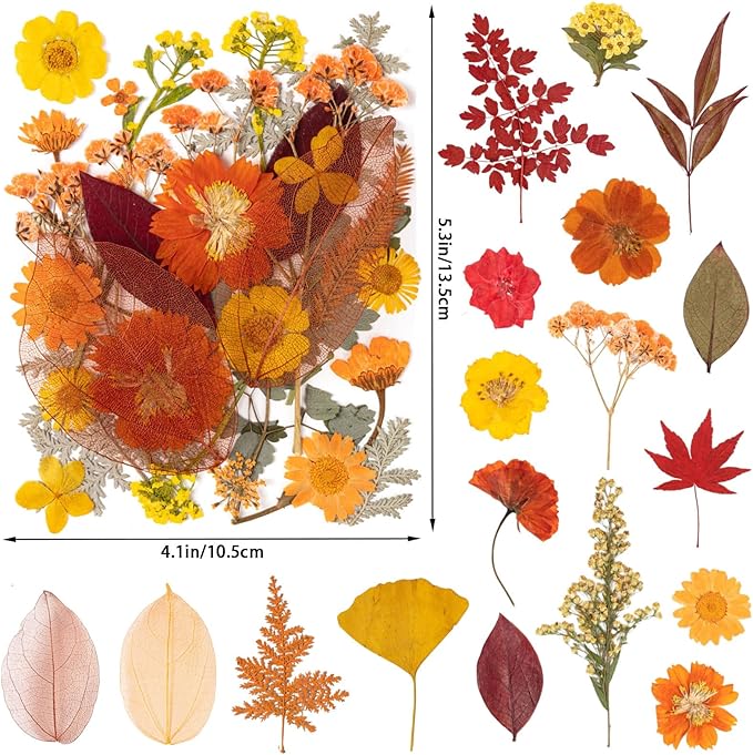 140 Pcs Fall Dried Pressed Flowers with Tweezer, Fall Themed Real Dried Flowers Leaves for DIY Crafts Resin Molds, Yellow Orange Dried Flowers for Autumn Halloween Thanksgiving Decorations