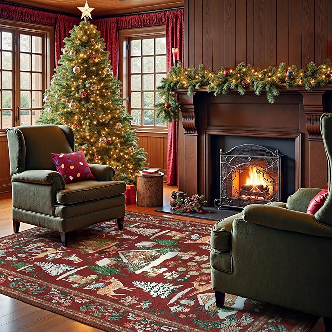 jinchan Christmas Rug 5x7 for Living Room Bedroom Maroon Holiday Decorative Rug for Dining Room Foyer Christmas Tree and Cabin Printed Xmas Decor Washable Non Slip Floor Carpet