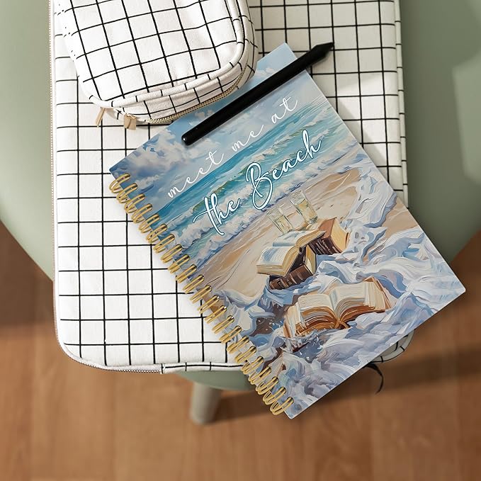 Coastal Beach Notebook, Watercolor Meet Me at the Beach Ocean Aesthetic Journal Notebooks, Ocean Themed Office School Supplies, Hardcover Spiral Notebook 5.5x8.3 Inch