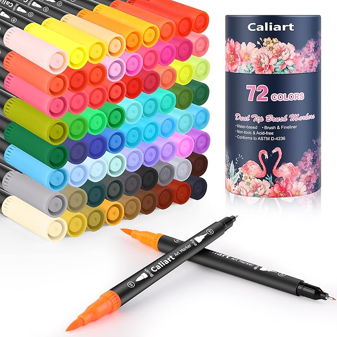 Caliart 72 Colors Double Tip Brush Pens Art Markers, Artist Fine & Brush Pen Coloring Markers for Adult Book Cards Drawing Craft Kit Teacher Office Supplies, Christmas Gifts for Teen Girls Boys