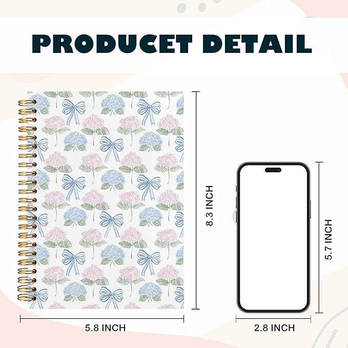BearCake Pink and Blue Flower Floral Hydrangea Notebook Journal,Floral Aesthetic Notebook, Chinoiserie Journal,Aesthetic Office Supplies, Notebooks for Work, Hardcover Spiral Notebook 5.5x8.3