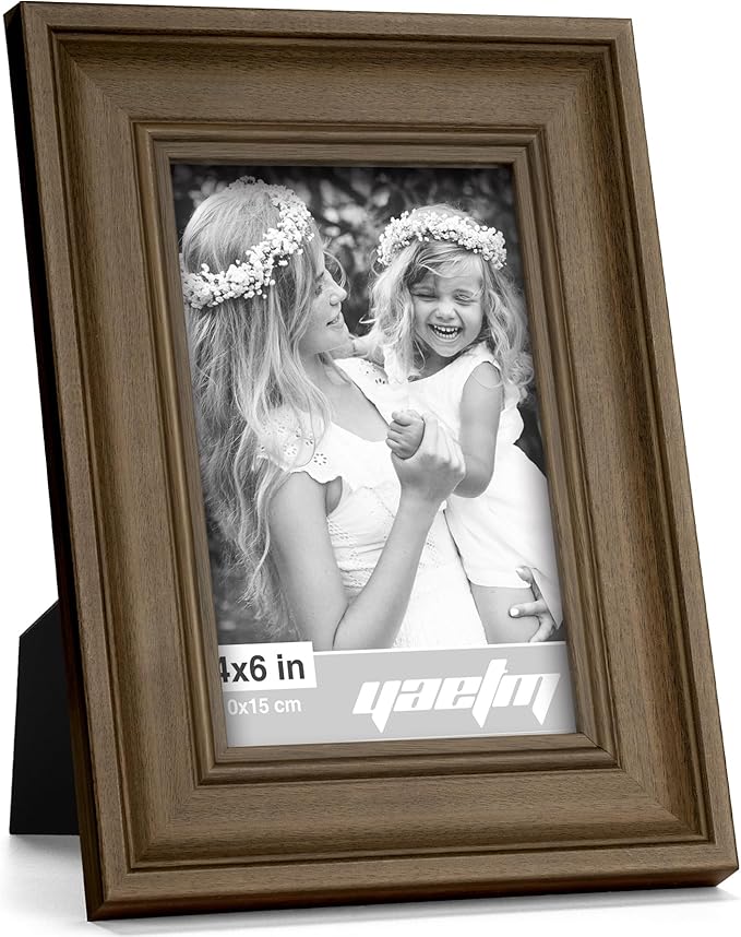 Yaetm 4x6 Picture Frame Set of 4, 1.4” Wide Molding & Brown Wood Grain Photo Frames with HD Tempered Glass, for Table Top & Wall Mounting (4 pack, Brown Wood Grain)