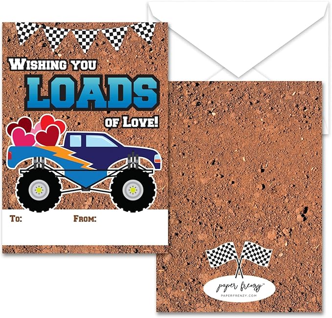 Paper Frenzy Monster Truck Themed Valentines - 25 pack WITH ENVELOPES