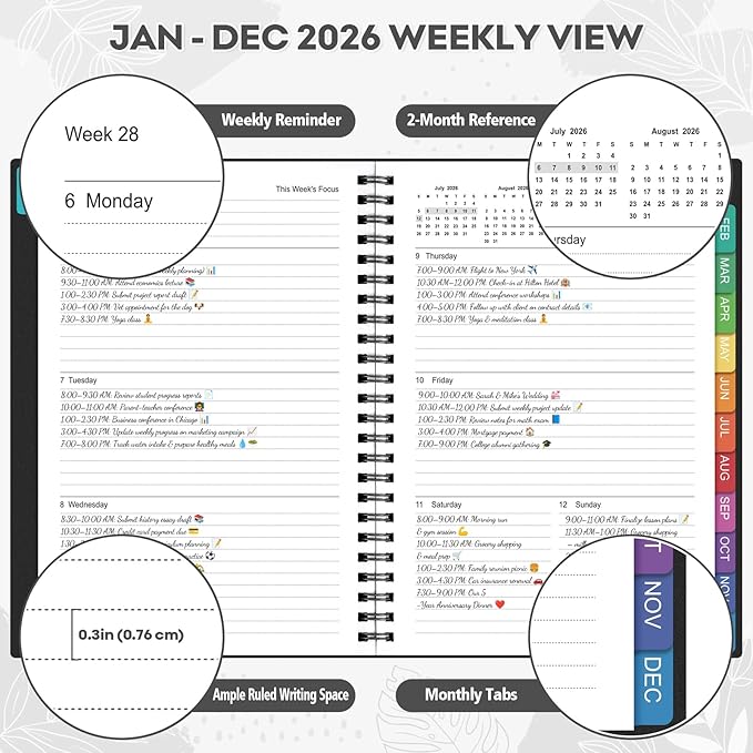 2026 Planner – 2026 Planner Weekly and Monthly: Jan. 2026 - Dec. 2026, 5.5" x 8.2", 2026 Calendar Planner with Monthly Tabs, Flexible Cover, Thick Paper, Inner Pocket for School Office Supplies(Black)