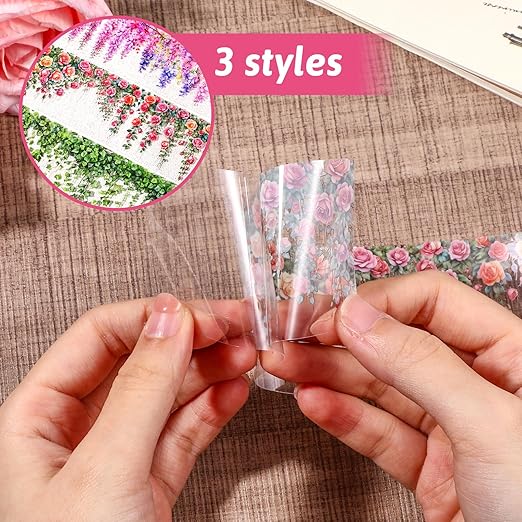 Floral Washi Tape, 3 Rolls Washi Tape Stickers, Pet Decorative Tapes Stickers, 50mm Wide Self Adhesive Green Leaf Rose Vine for Scrapbook Journal Craft