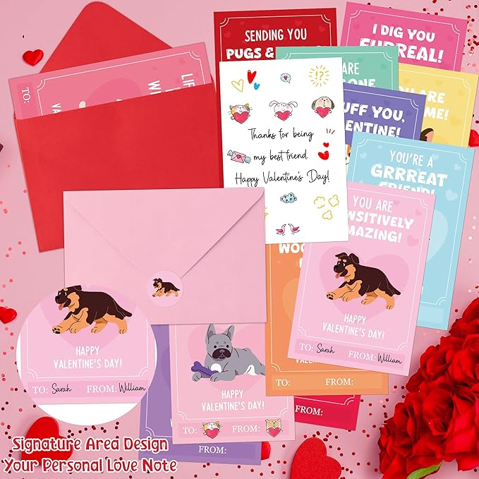 TICIAGA 144pcs Valentine's Day Cartoon Puppy Animal Greeting Card with Envelop and Stickers for Kids, Cute Dog Pet Notecard Exchange Gift for Boys and Girls School Classroom, Valentines Party Favors