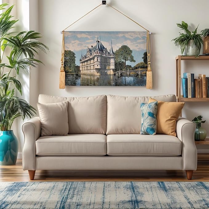 Vintage Nature Tapestry Wall Hanging Set with Telescopic Rod & Tassels - Jacquard Woven Fabric Aesthetic Country Landscape Wall Tapestry for Bedroom/Living Room Decor Green Art (42"x27") (Soft - toned, historic castle by the water)