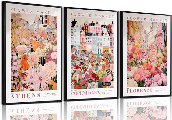 XLARTMY Flower Market Wall Art Prints Canvas Pink Floral Paintings Colorful Botanical Sunflower Artwork Travel Posters for Home Decor Pictures Set of 3 for Living Room Bedroom 12x16in Unframed
