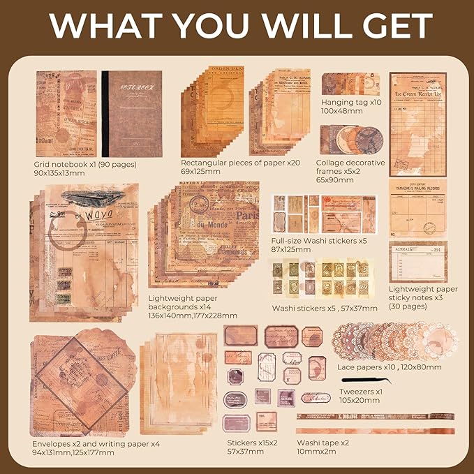 Funto Scrapbooking Kit (202 PCS), Vintage Collection-Retro Travel, Perfect for Bullet Scrapbooking Materials, Planner DIY Arts Craft Collage