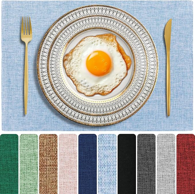 Cloth Placemats Set of 4, Cotton Linen Blend Machine Washable Double Layered Place Mats, Heat Resistant Placemats Rectangular Fabric Dining Table Mats for Indoors & Outdoors 19’’×13’’ (Light Blue, 4)