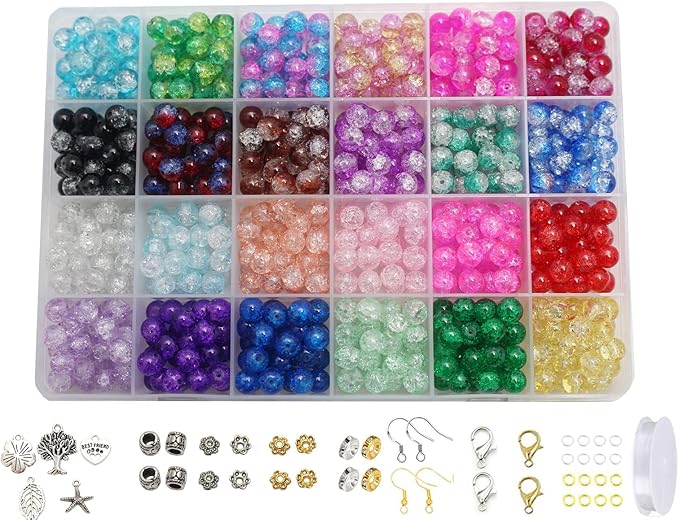 Pamir Tong 720PCS 8mm Crackle Glass Round Bulk, Bracelet Space Loose Smooth Beads for Jewelry Making Earring, Necklaces, and DIY Crafts,Keychains, Lanyards & Adult Crafting