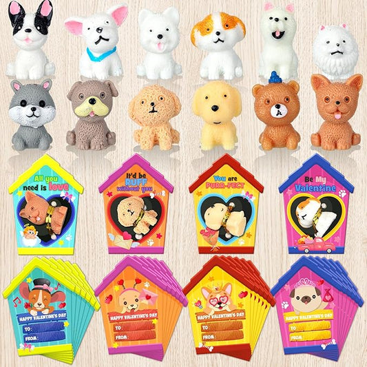 Zhanmai 72 Pcs Dog Valentine's Day Gifts Card and Dog Resin Figurines Miniature Puppy Heart Greeting Card for Valentine Party Favors Exchange Prizes Gifts (Cute)