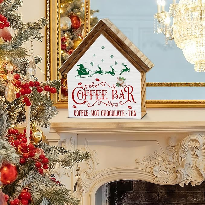 Vintage Christmas Coffee Bar Decor, Kitchen Christmas Decorations, Rustic House Shaped Wooden Sign, Xmas Decor for Farmhouse Home Kitchen