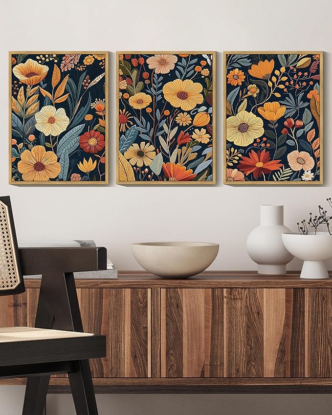 KUVIOKE Vintage Flower Framed Wall Art Colorful Boho Floral Wall Decor Botanical Retro Wildflower Modern Artwork Bedroom Living Home Decor 11x14in (Natural Framed)