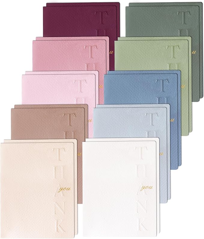 20 Pack Thank You Cards with Envelopes, 4.25×5.5 Inch Textured Thank You Notes, 10 Color Assorted Thank You Cards with Raised Embossed Letter Design and Gold Foil Seal Envelopes, Blank Inside