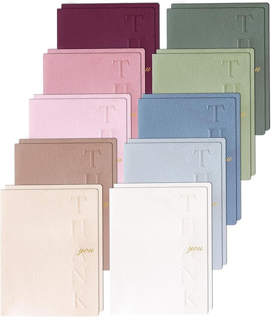 20 Pack Thank You Cards with Envelopes, 4.25×5.5 Inch Textured Thank You Notes, 10 Color Assorted Thank You Cards with Raised Embossed Letter Design and Gold Foil Seal Envelopes, Blank Inside