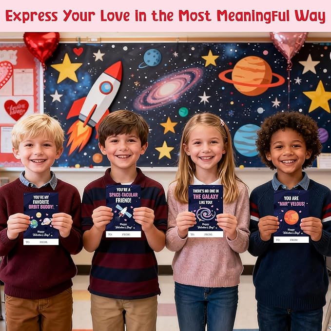 TICIAGA 144pcs Valentine’s Day Space Greeting Cards with Envelop and Sticker for Kid, 4 x 6 IN Planet Galaxy Notecard Exchange Gift for Boy Girl School Classroom Supply, Valentines Galaxy Party Favor