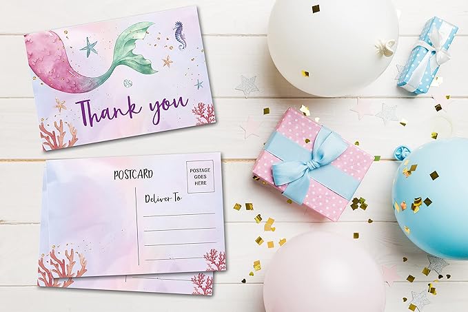Birthday Thank You Postcards, Mermaid Theme, Under The Sea, Ocean Thank You Cards for Kids Girls Boys Birthday Party, Baby Shower Party, Set of 20 (A06)